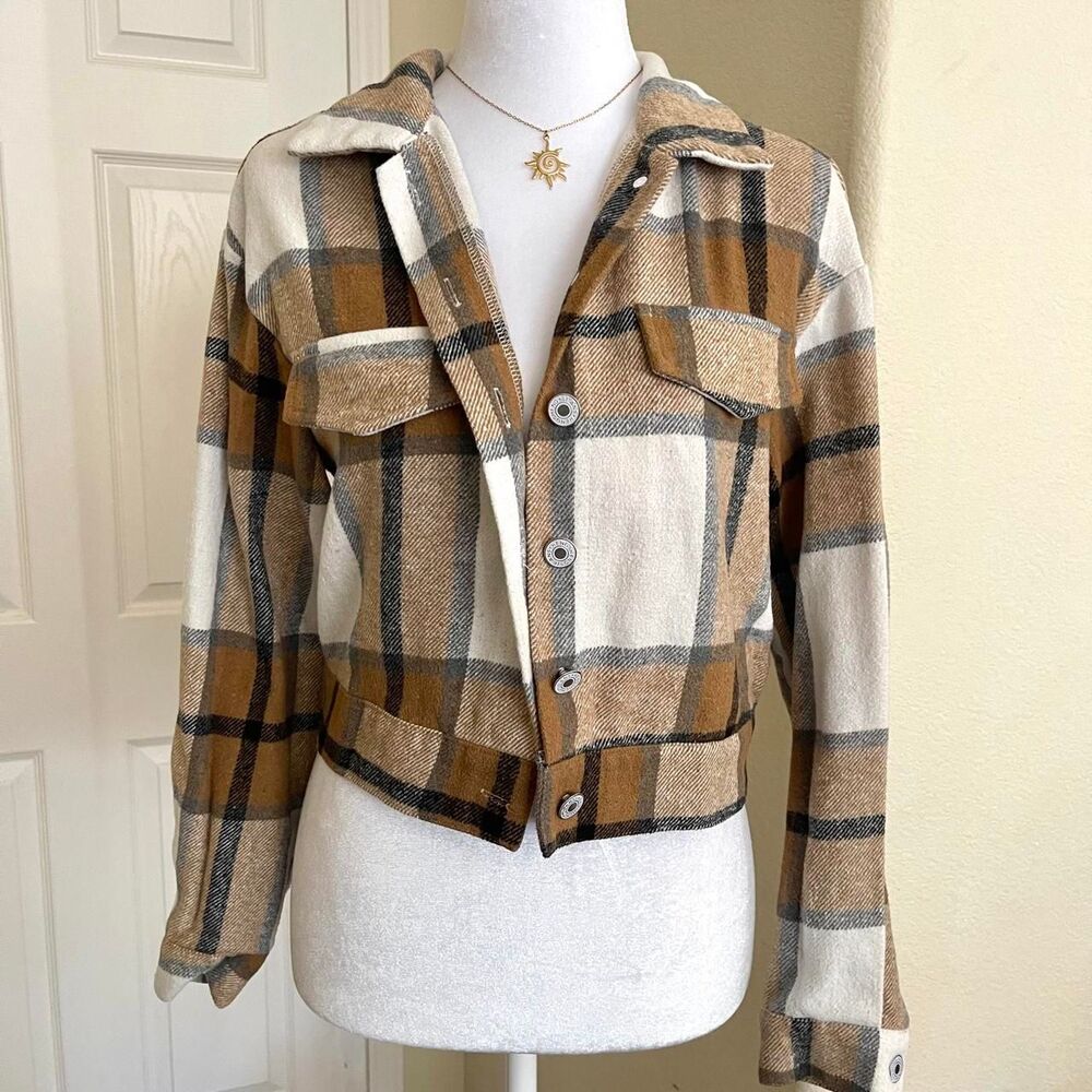 Brown plaid cropped button down flannel shirt - size XS